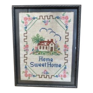 Antique Vintage Embroidered Crossstitch Crewel Home Sweet Home Framed Pattern